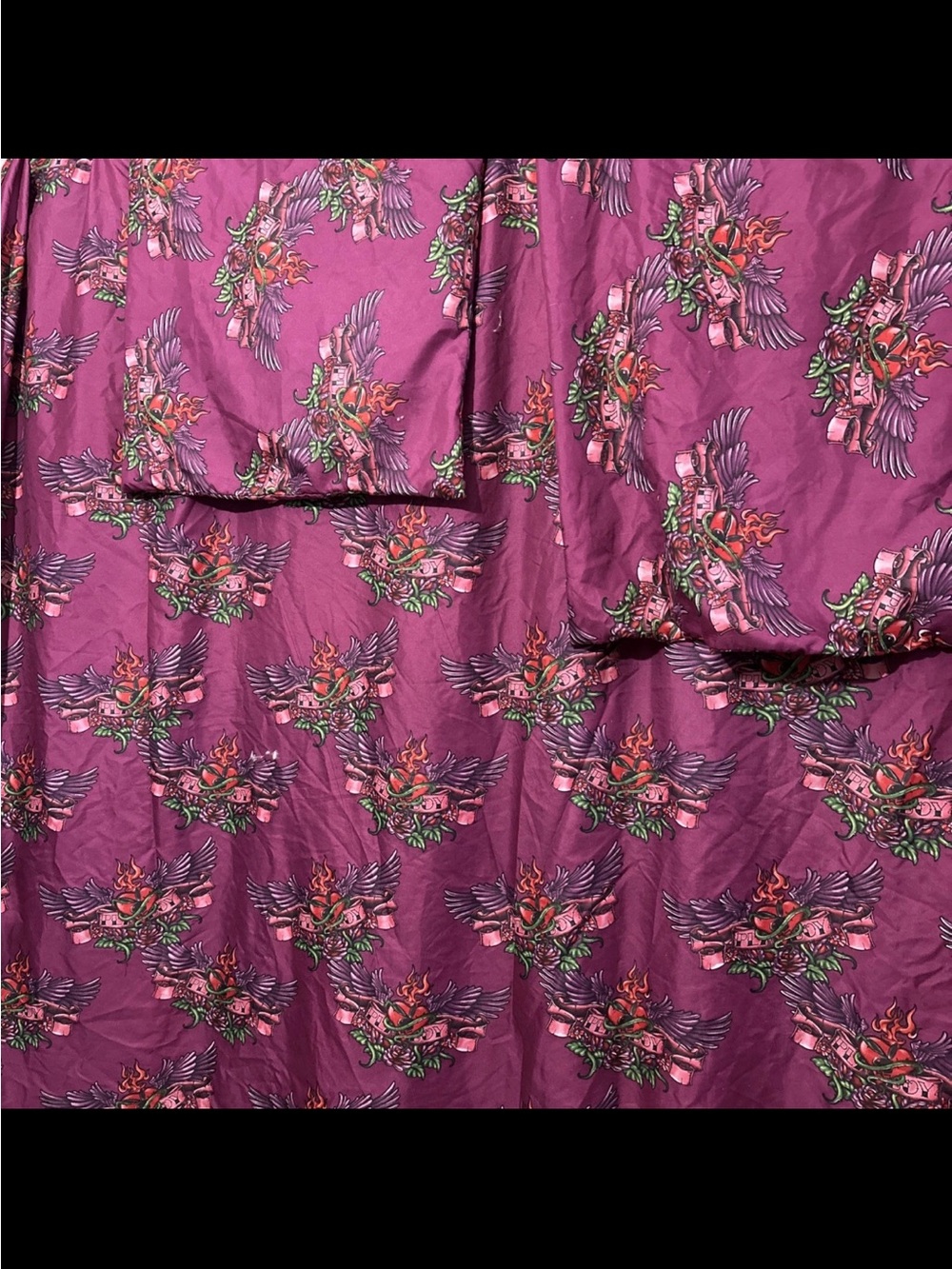 RARE 90s PLAYBOY BED FLAT SHEET FULL SIZE PURPLE WINGED HEARTS FLAMES 2 CASES
